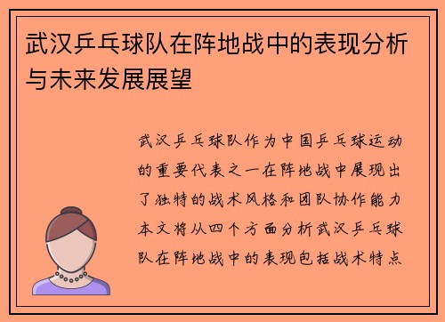 武汉乒乓球队在阵地战中的表现分析与未来发展展望